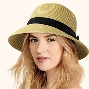 NWT Womens Sun Straw Hat with Bowknot Belt UPF 50+ Foldable Brim Sun UVP